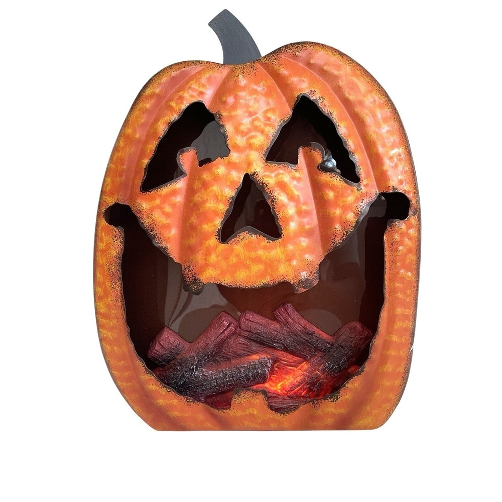 Metal Jack O Lantern Light Up Fire Fireplace Effect Flicker Halloween Decoration